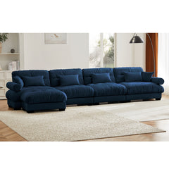 L Shaped Sectional Cloud Sofa , Convertible Deep 4 Seater Modular Couch for Living Room,Modern Velvet Comfy Upholstered Corner Couch  Waist Pillows, Throw Pillows and Blostered Armrests,Blue