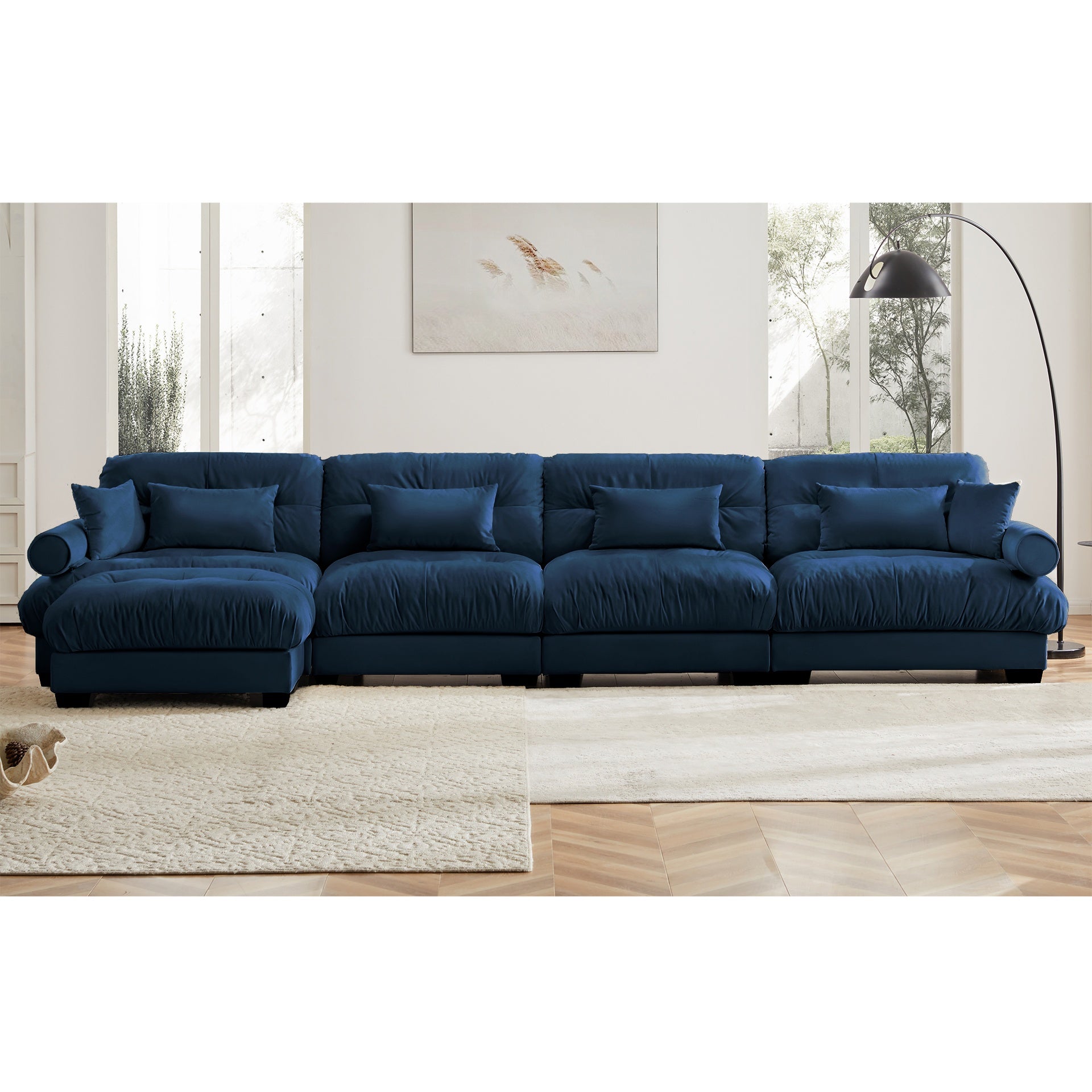 L Shaped Sectional Cloud Sofa , Convertible Deep 4 Seater Modular Couch for Living Room,Modern Velvet Comfy Upholstered Corner Couch  Waist Pillows, Throw Pillows and Blostered Armrests,Blue