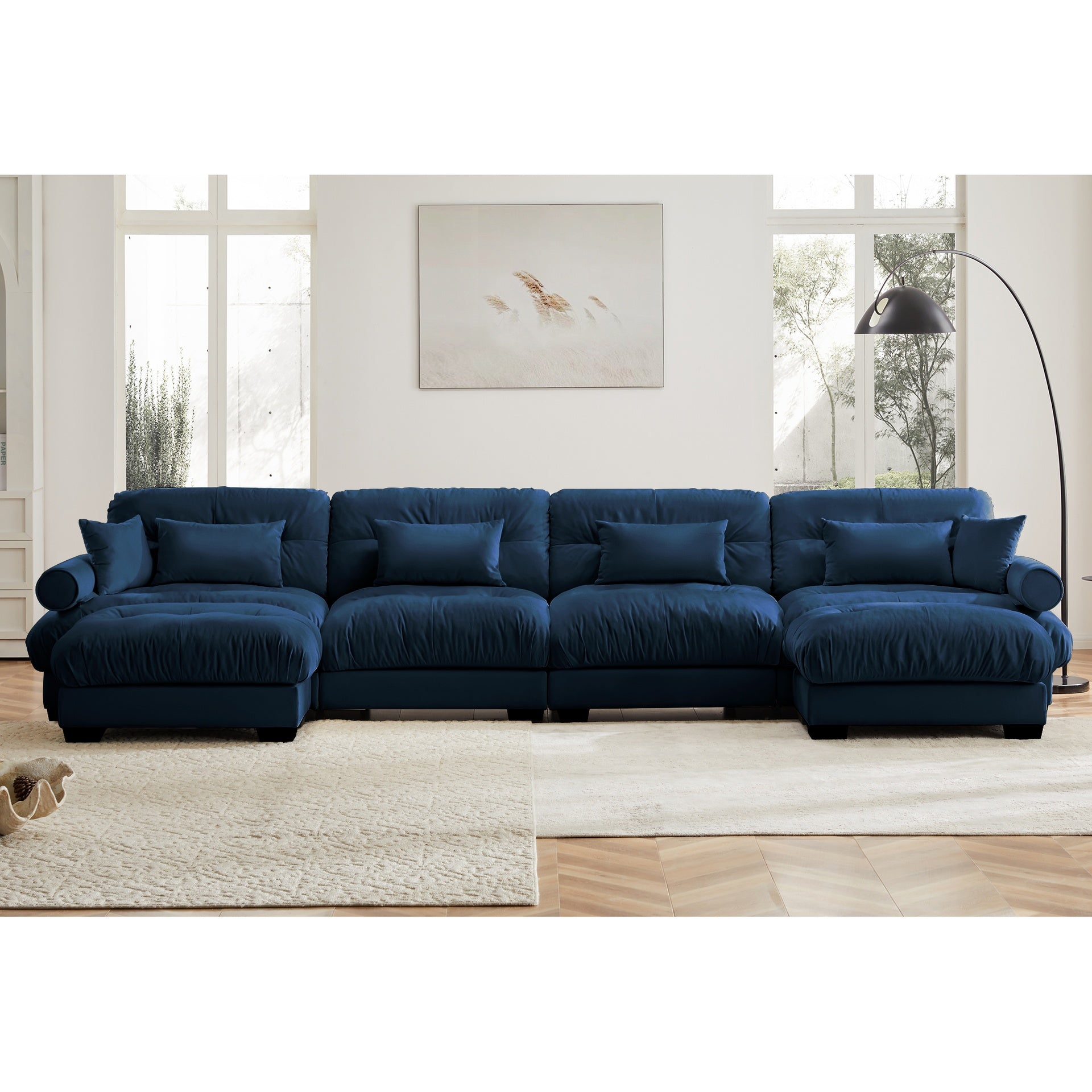 U Shaped Sectional Sofa Cloud Couch with Movable Ottomans,Convertible Deep 4 Seater Modern Velvet Comfy Upholstered Corner Couch with Blostered Armrests, Waist Pillow and Throw Pillows,Blue