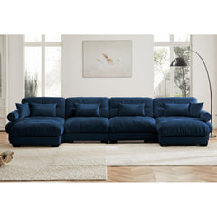 U Shaped Sectional Sofa Cloud Couch with Movable Ottomans,Convertible Deep 4 Seater Modern Velvet Comfy Upholstered Corner Couch with Blostered Armrests, Waist Pillow and Throw Pillows,Blue