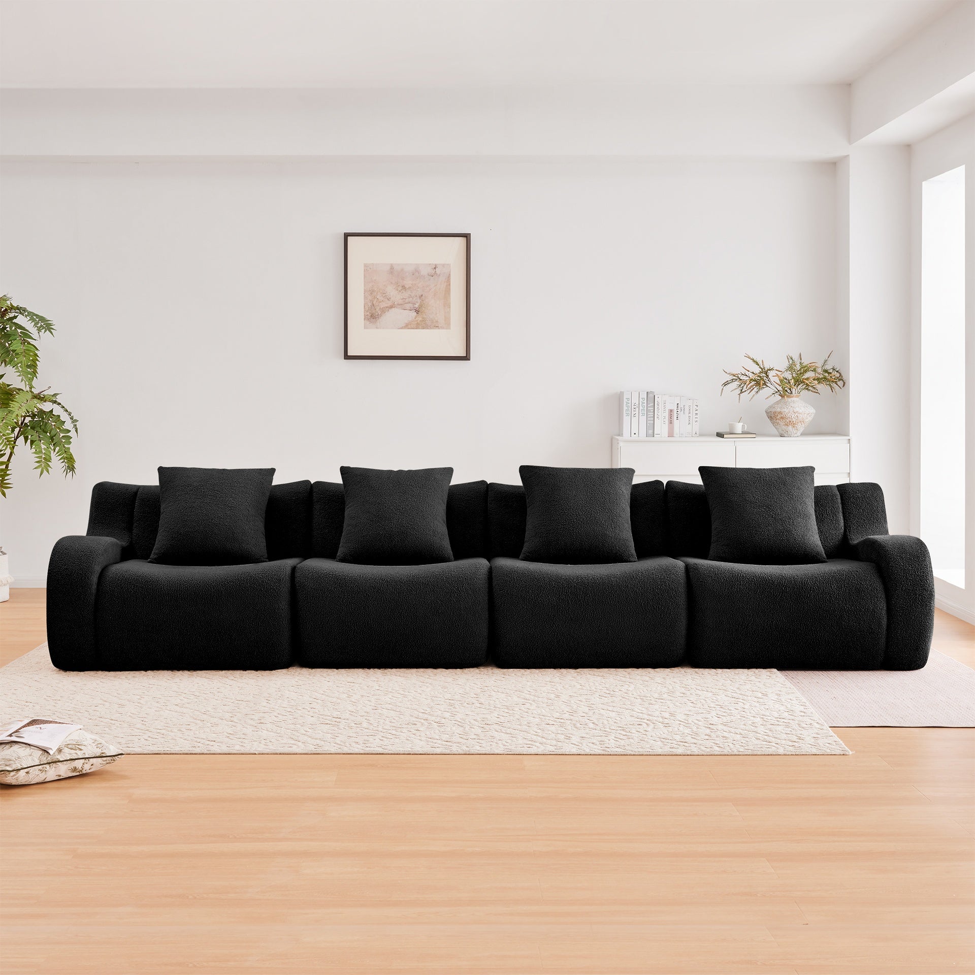 4-Seat Boneless Sofa,High-Quality Teddy Fabric,No assembly required Curved armrest,Anti-slip Design,32D High Density Sponge Full Compression Vacuum Packag,For Studies Iiving Rooms,Black