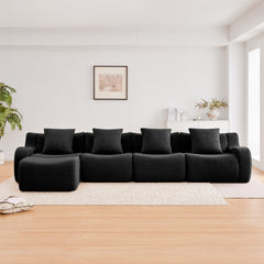 L-Shaped 4-Seat Boneless Sofa,Teddy Fabric No Assembly Required Curved Armrest,Anti-slip Design, Assembly Chaise, 32D High Density Sponge Full Compression Vacuum Packag,For Studies living Rooms,Black