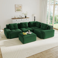 Modern Modular Sectional Sofa with 4-Seater,V Shaped  Corner Couch,Corduroy Fabric,Deep Seat for Living Room, Movable Ottoman,Pearl-like piping, Tufted Design, No Assembly, Anti-slip Design,Green