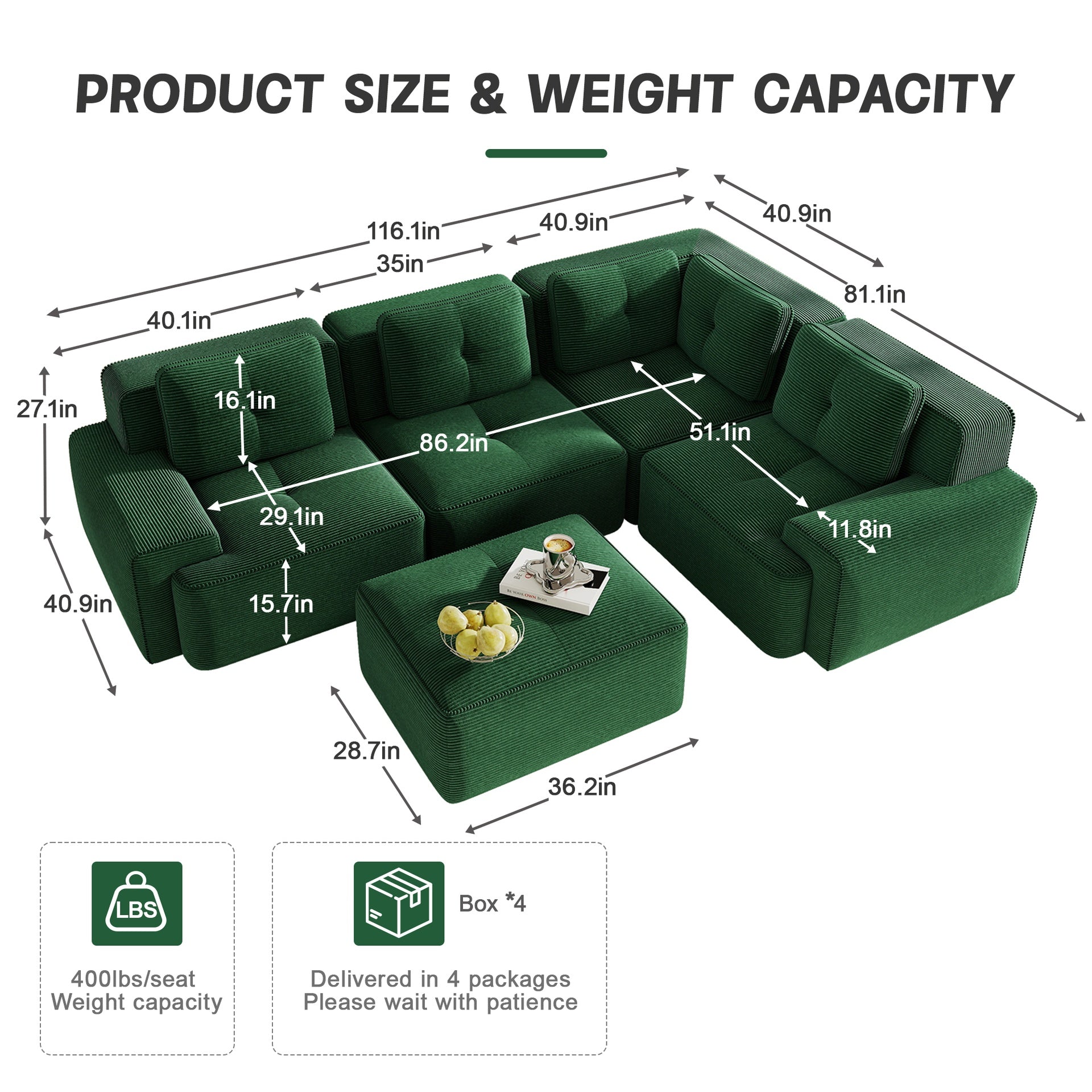 Modern Modular Sectional Sofa with 4-Seater,V Shaped  Corner Couch,Corduroy Fabric,Deep Seat for Living Room, Movable Ottoman,Pearl-like piping, Tufted Design, No Assembly, Anti-slip Design,Green
