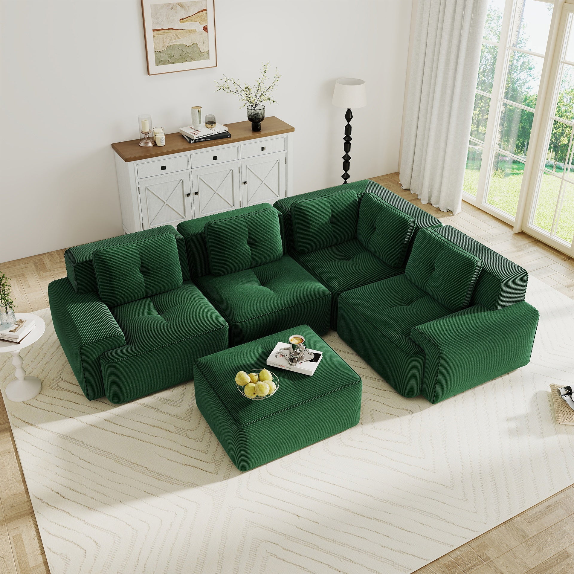 Modern Modular Sectional Sofa with 4-Seater,V Shaped  Corner Couch,Corduroy Fabric,Deep Seat for Living Room, Movable Ottoman,Pearl-like piping, Tufted Design, No Assembly, Anti-slip Design,Green