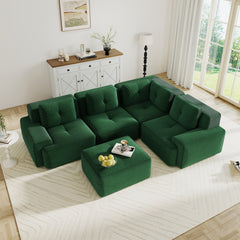 Modern Modular Sectional Sofa with 4-Seater,V Shaped  Corner Couch,Corduroy Fabric,Deep Seat for Living Room, Movable Ottoman,Pearl-like piping, Tufted Design, No Assembly, Anti-slip Design,Green