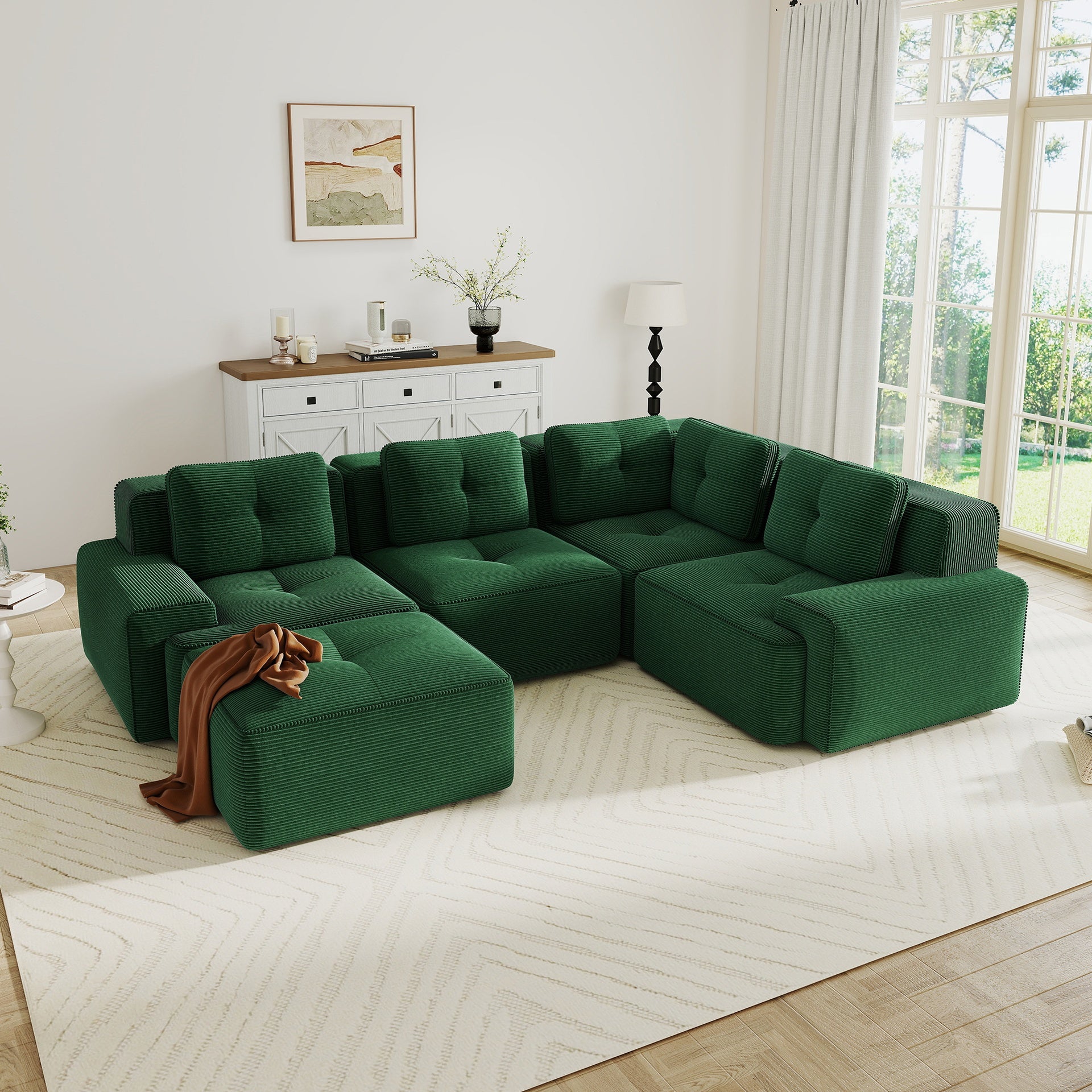 Modern Modular Sectional Sofa with 4-Seater,V Shaped  Corner Couch,Corduroy Fabric,Deep Seat for Living Room, Movable Ottoman,Pearl-like piping, Tufted Design, No Assembly, Anti-slip Design,Green