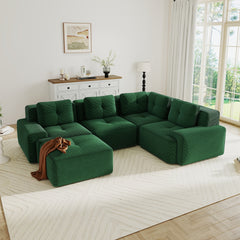 Modern Modular Sectional Sofa with 4-Seater,V Shaped  Corner Couch,Corduroy Fabric,Deep Seat for Living Room, Movable Ottoman,Pearl-like piping, Tufted Design, No Assembly, Anti-slip Design,Green