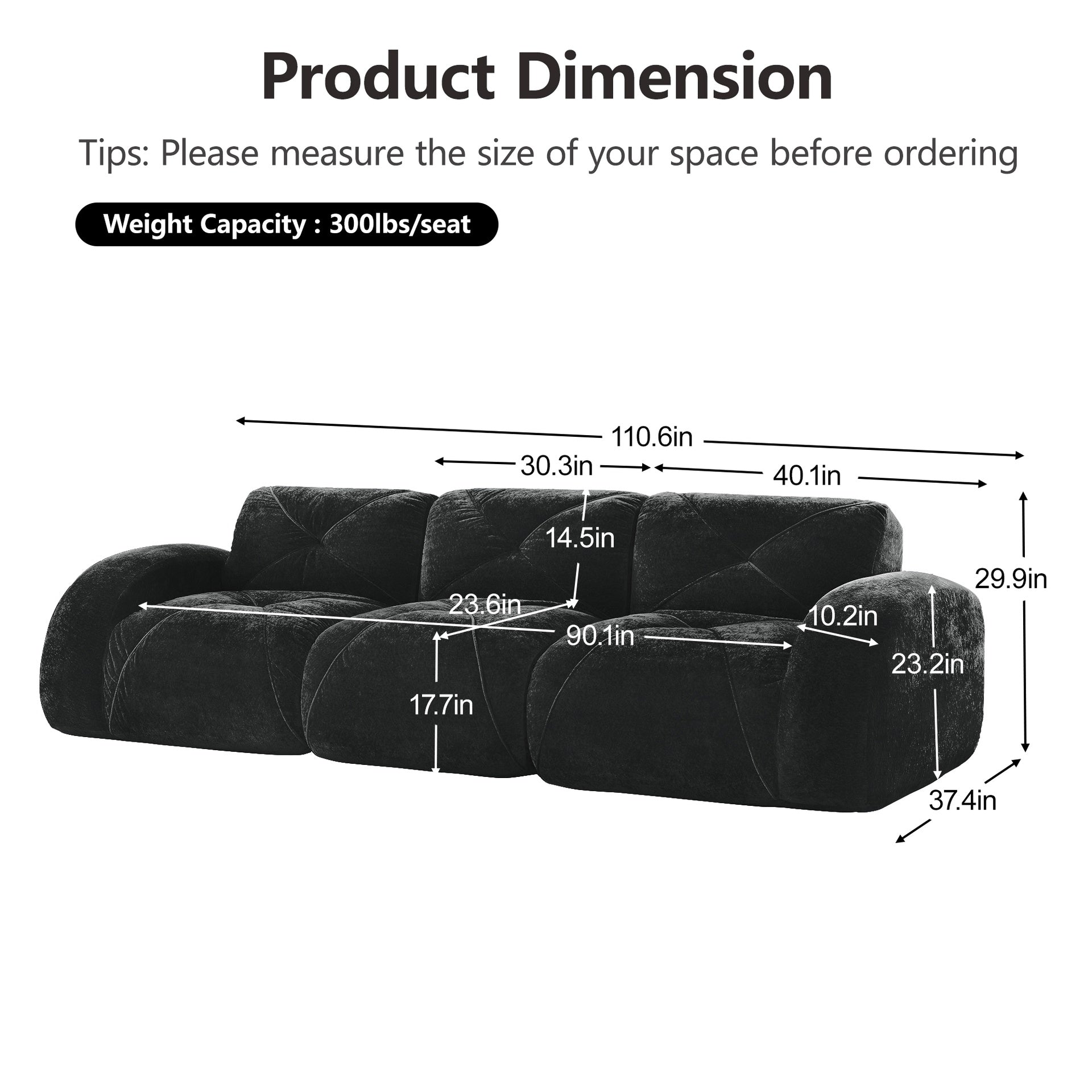 2-Piece Sofa Set Comfy Sofa Couch,  2+2 Seater Sofa Set,Deep Seat Sofa,Soft Velvet Fabric,32D High Density Sponge  Bottom,No Assembly Required, Modern Sofa Set for Living Room,Black
