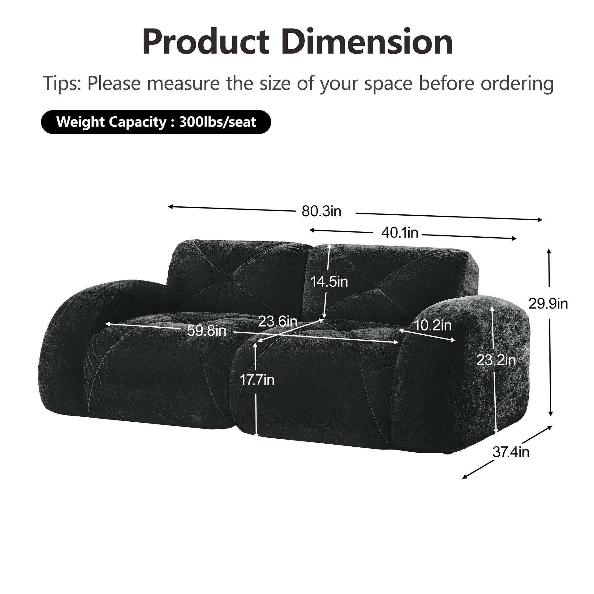 2-Piece Sofa Set Comfy Sofa Couch,  2+2 Seater Sofa Set,Deep Seat Sofa,Soft Velvet Fabric,32D High Density Sponge  Bottom,No Assembly Required, Modern Sofa Set for Living Room,Black