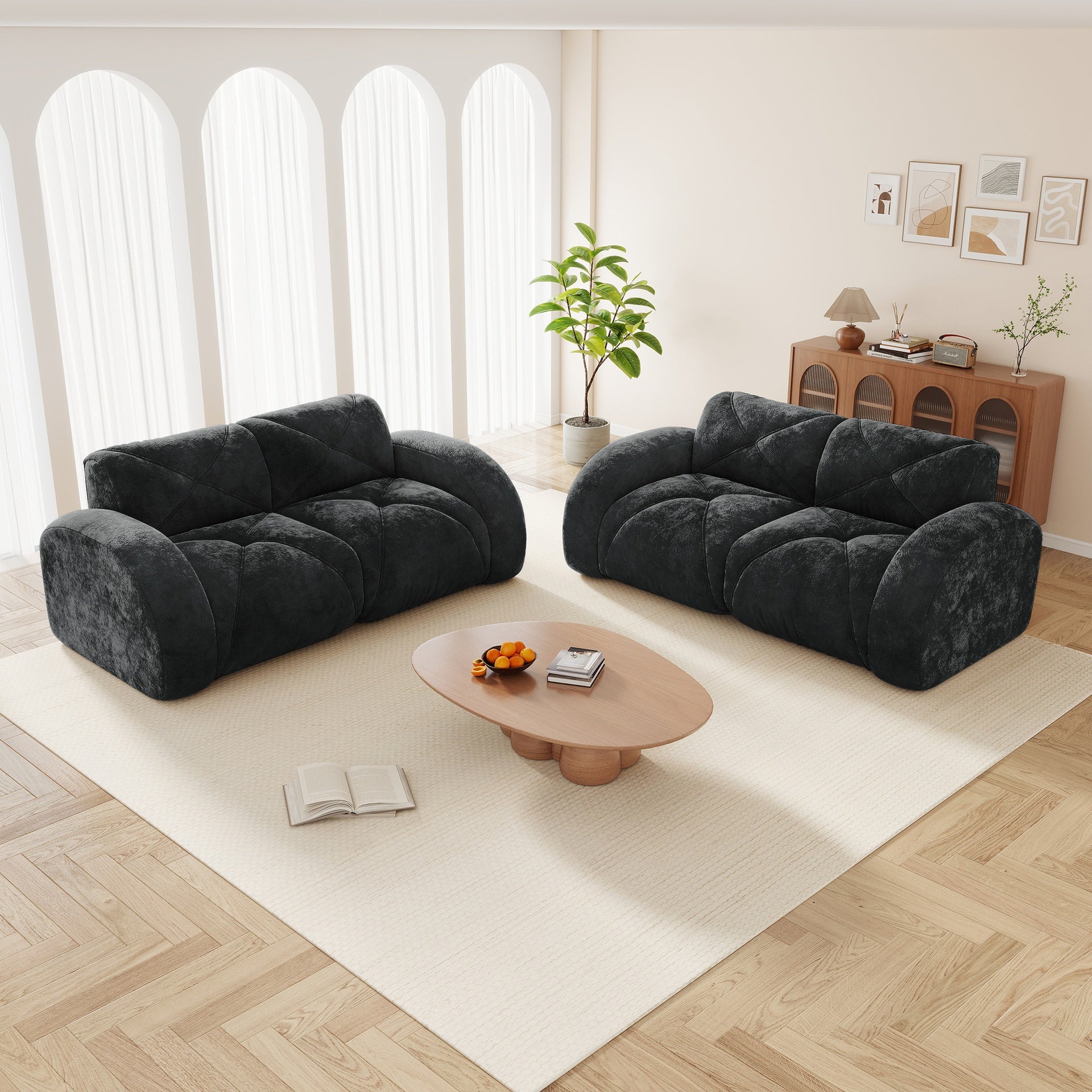 2-Piece Sofa Set Comfy Sofa Couch,  2+2 Seater Sofa Set,Deep Seat Sofa,Soft Velvet Fabric,32D High Density Sponge  Bottom,No Assembly Required, Modern Sofa Set for Living Room,Black