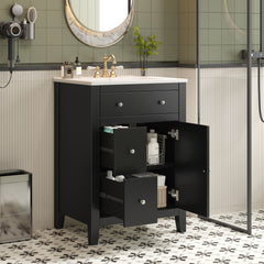 24" Modern Bathroom Vanity with Ceramic Basin, Restroom Basin Cabinet with 2 Drawers, Small Bathroom Cabinet with Soft-Closing Door