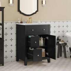 24" Modern Bathroom Vanity with Ceramic Basin, Restroom Basin Cabinet with 2 Drawers, Small Bathroom Cabinet with Soft-Closing Door