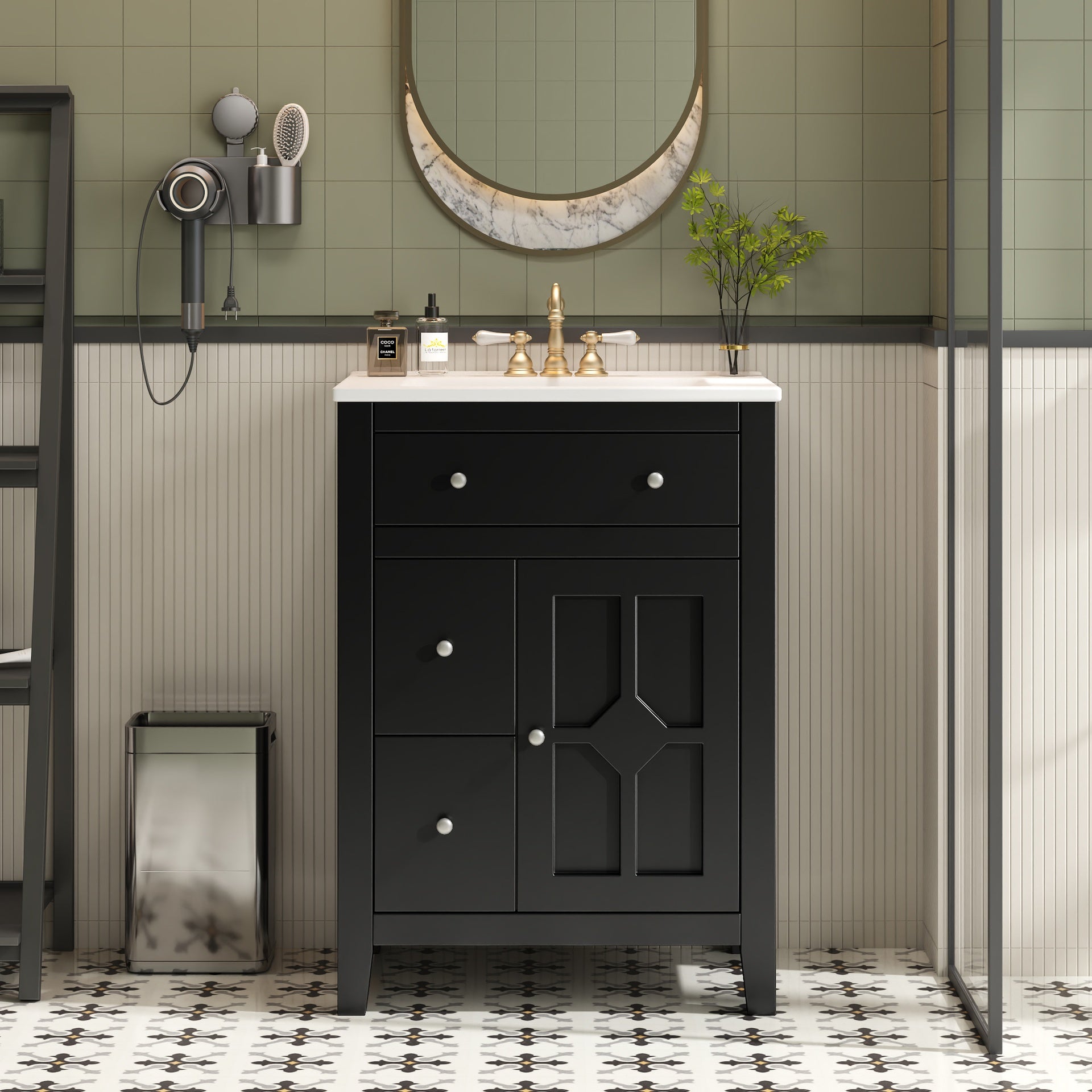 24" Modern Bathroom Vanity with Ceramic Basin, Restroom Basin Cabinet with 2 Drawers, Small Bathroom Cabinet with Soft-Closing Door