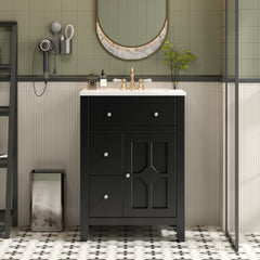 24" Modern Bathroom Vanity with Ceramic Basin, Restroom Basin Cabinet with 2 Drawers, Small Bathroom Cabinet with Soft-Closing Door