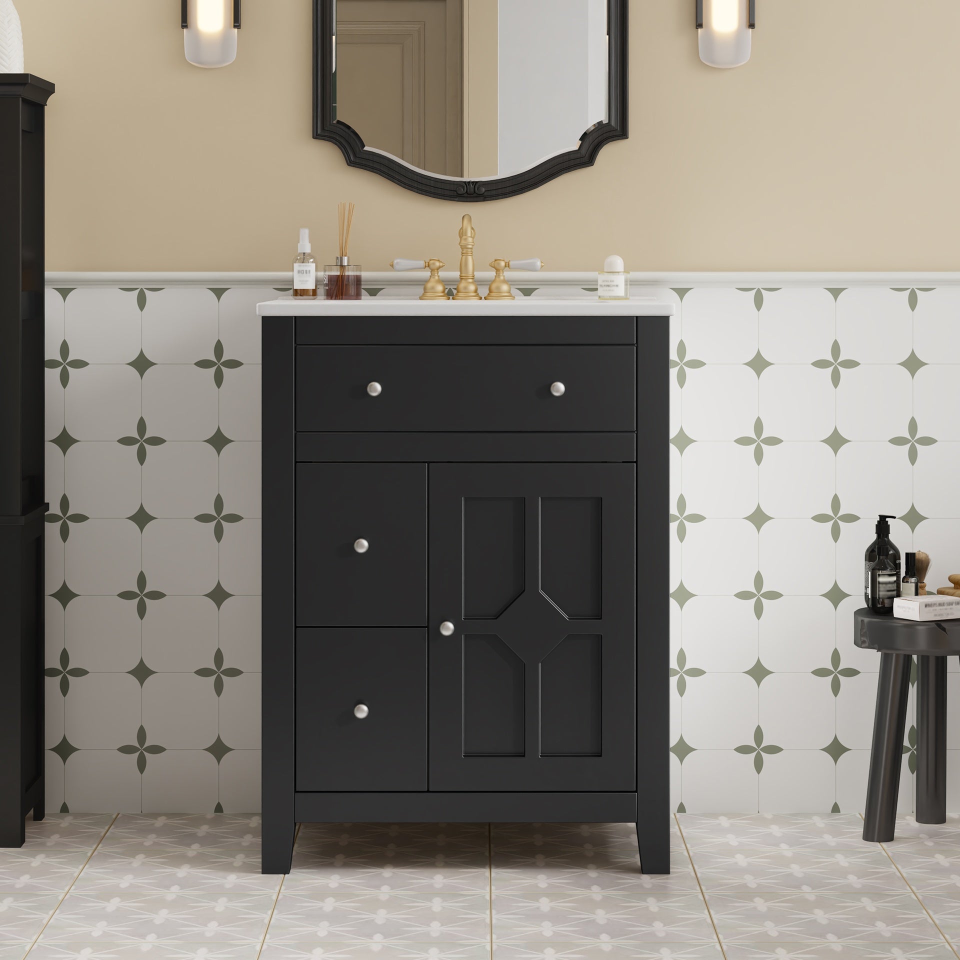24" Modern Bathroom Vanity with Ceramic Basin, Restroom Basin Cabinet with 2 Drawers, Small Bathroom Cabinet with Soft-Closing Door