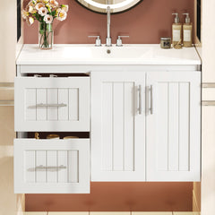 36'' Wall Mounted Bathroom Vanity, Floating Bathroom Storage Cabinet with 2 Drawers, 3 Holes Single Ceramic Sink, Modern Cabinet with Adjustable Shelf