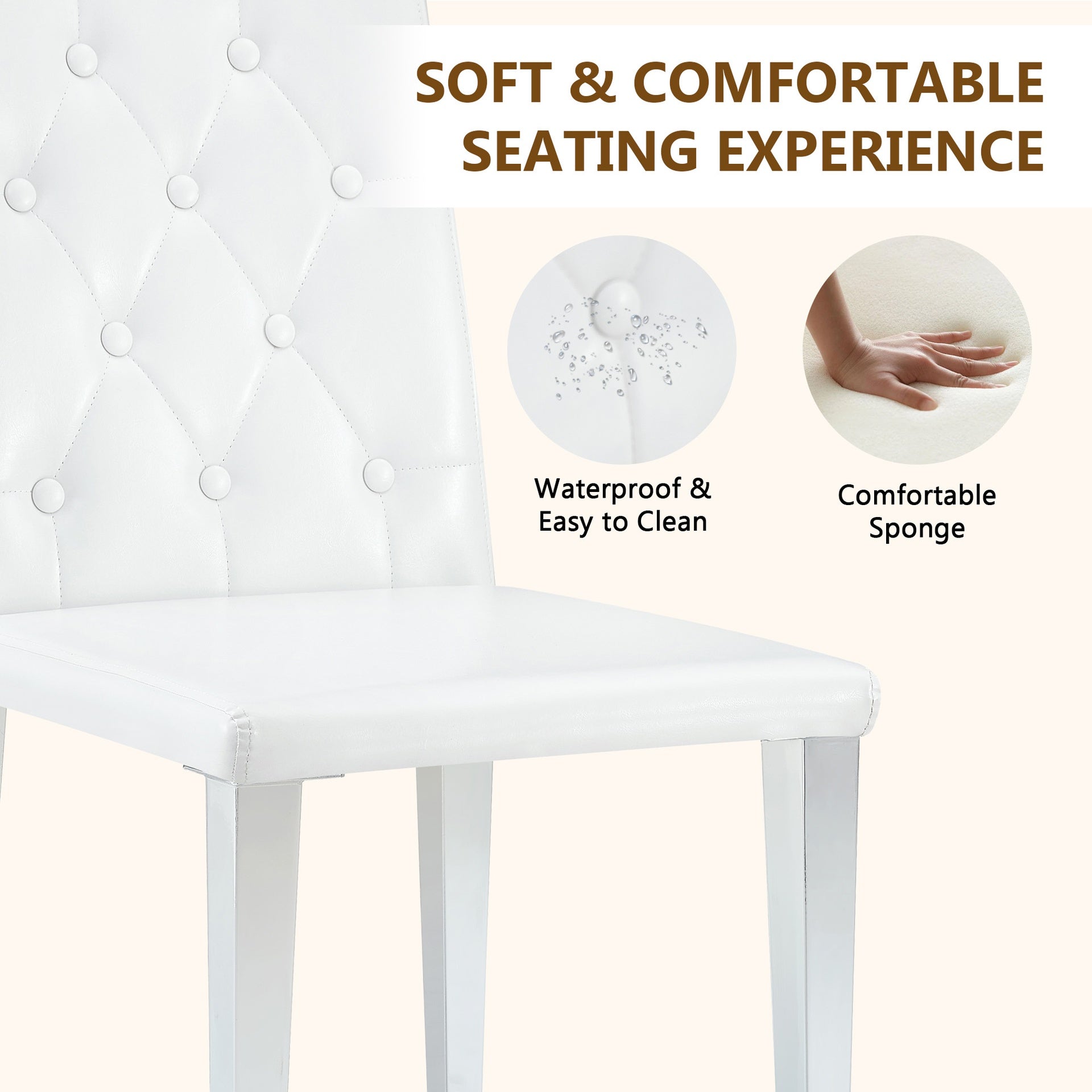 4-pack white PU dining chairs: ergonomic buckle backrest, 35 inches high, silver metal legs,Combines Comfort and Texture.Perfectly suitable for family dining rooms,hotel banquet halls,etc.W1151P295715