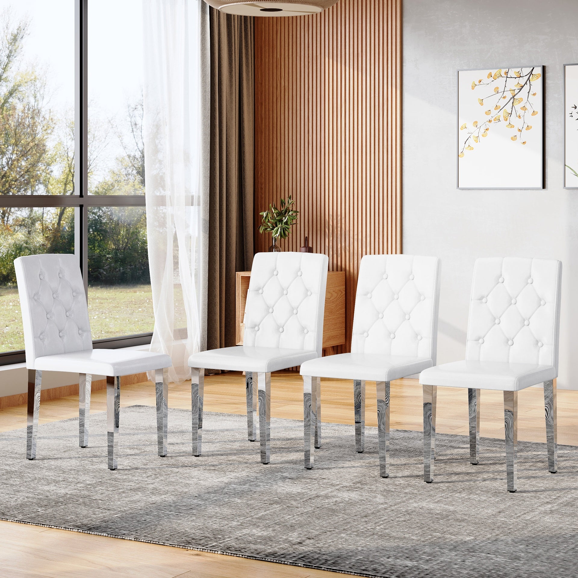 4-pack white PU dining chairs: ergonomic buckle backrest, 35 inches high, silver metal legs,Combines Comfort and Texture.Perfectly suitable for family dining rooms,hotel banquet halls,etc.W1151P295715