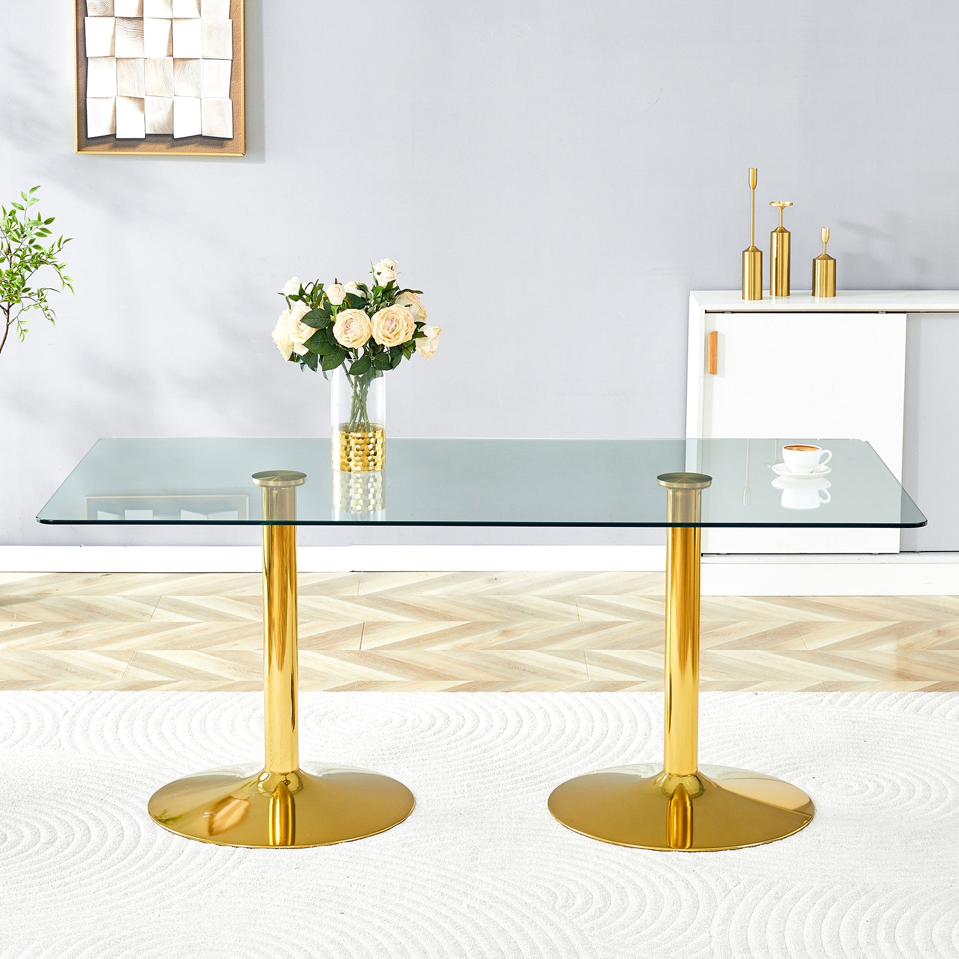 A glass tabletop with 71*35.4 inches and a modern minimalist circular dining table with electroplated gold metal legs. Suitable for restaurants, living rooms.