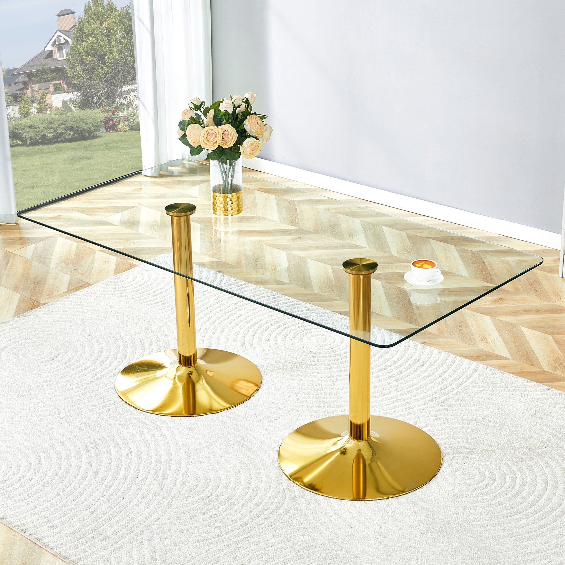 A glass tabletop with 71*35.4 inches and a modern minimalist circular dining table with electroplated gold metal legs. Suitable for restaurants, living rooms.