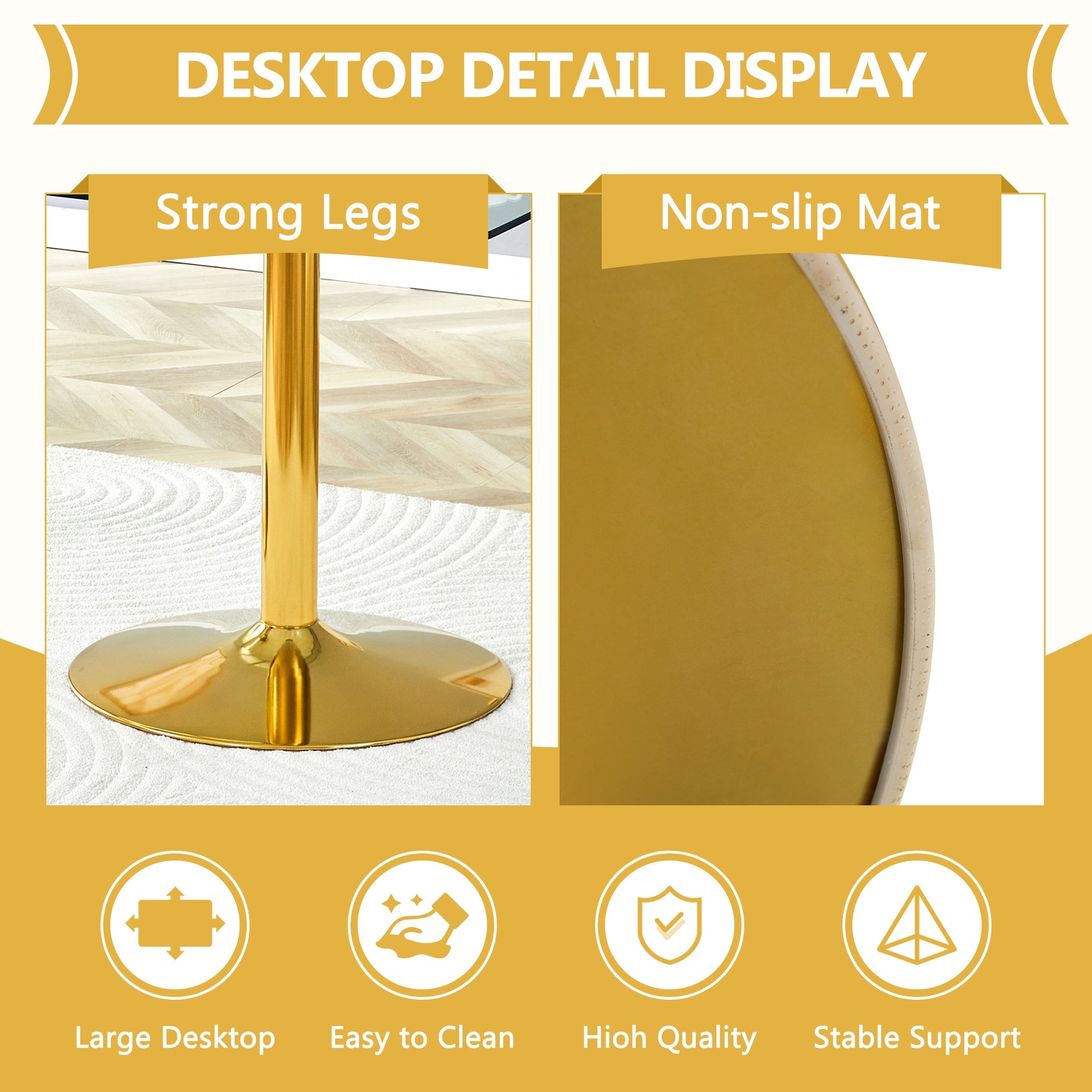 A glass tabletop with 71*35.4 inches and a modern minimalist circular dining table with electroplated gold metal legs. Suitable for restaurants, living rooms.