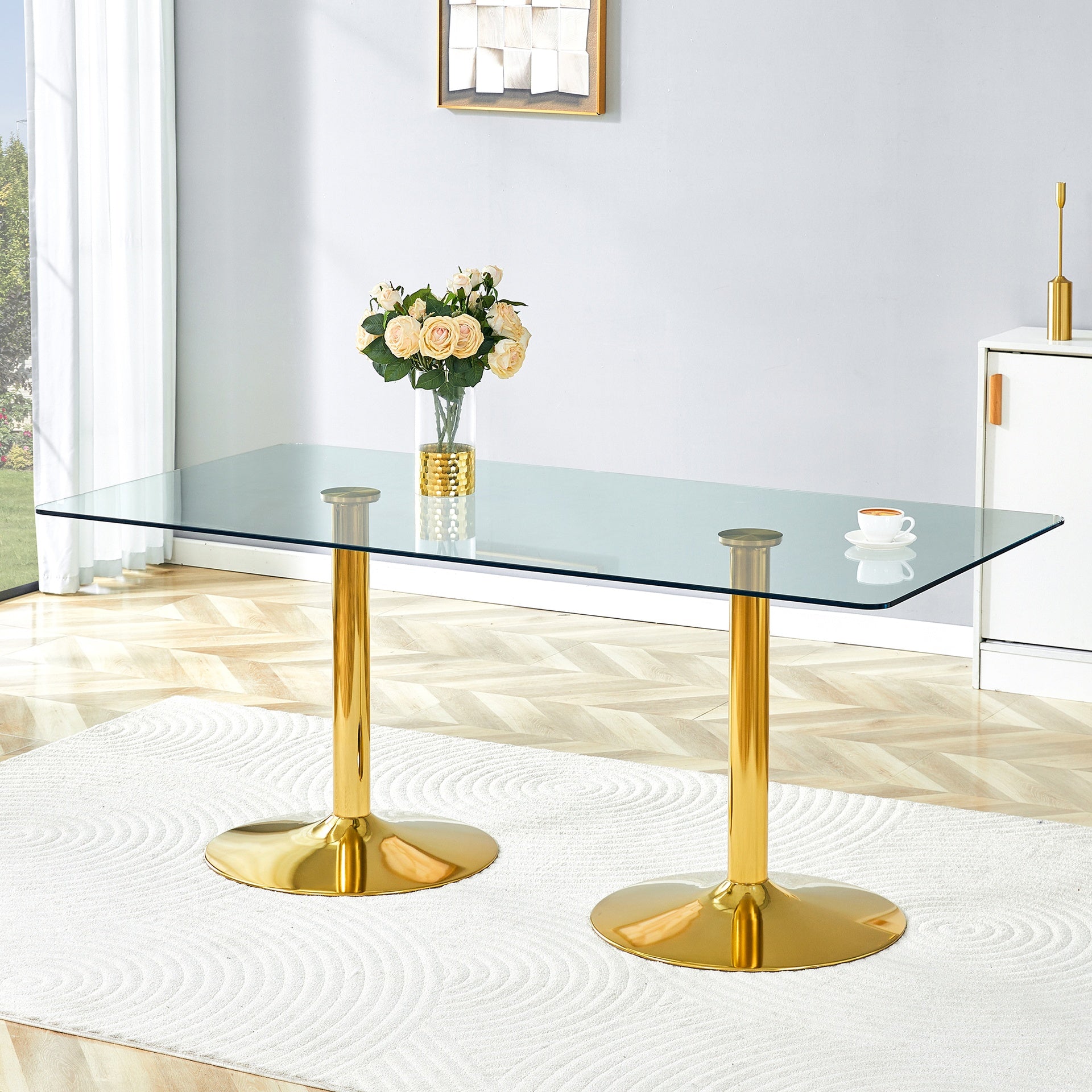 A glass tabletop with 71*35.4 inches and a modern minimalist circular dining table with electroplated gold metal legs. Suitable for restaurants, living rooms.