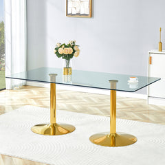 A glass tabletop with 71*35.4 inches and a modern minimalist circular dining table with electroplated gold metal legs. Suitable for restaurants, living rooms.