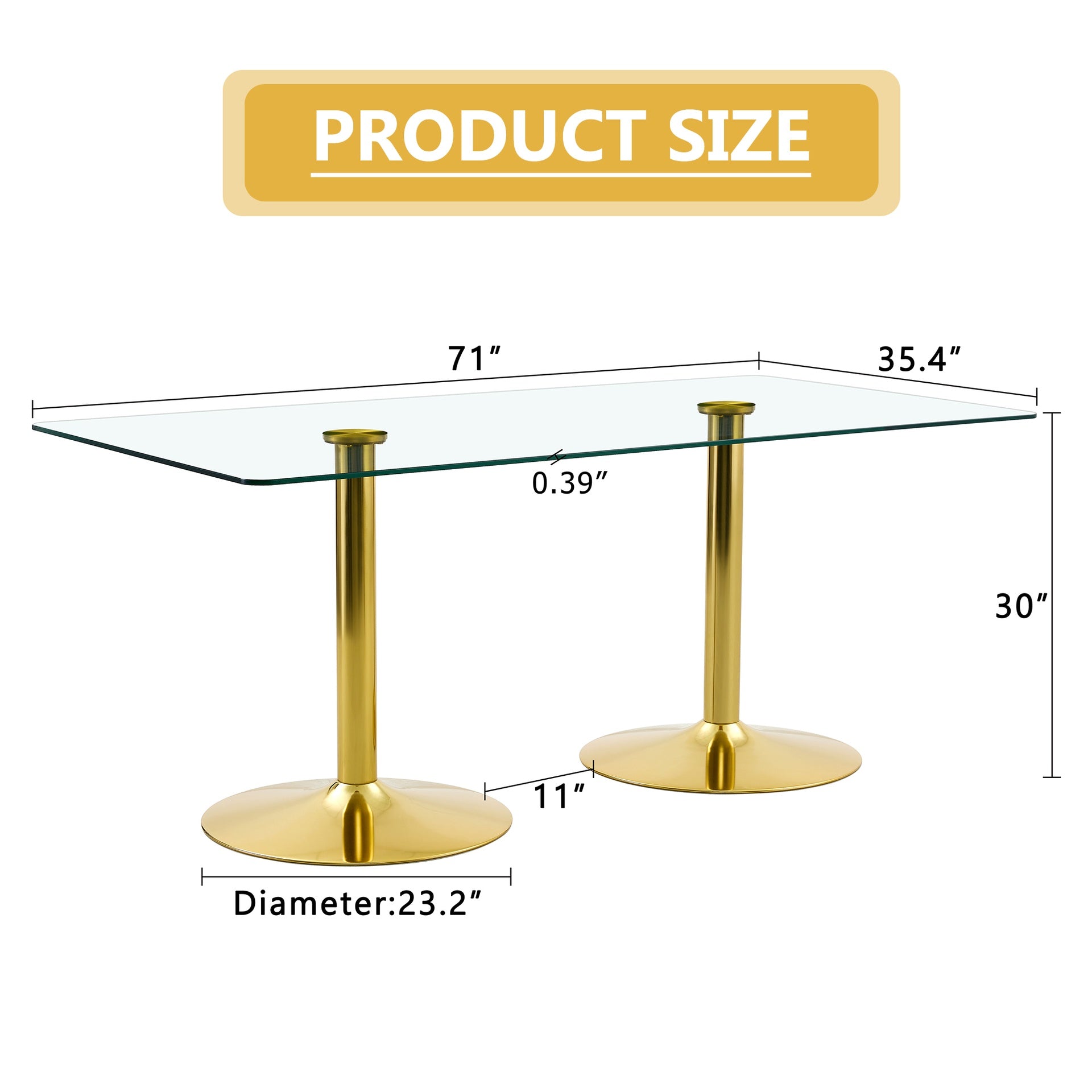 A glass tabletop with 71*35.4 inches and a modern minimalist circular dining table with electroplated gold metal legs. Suitable for restaurants, living rooms.