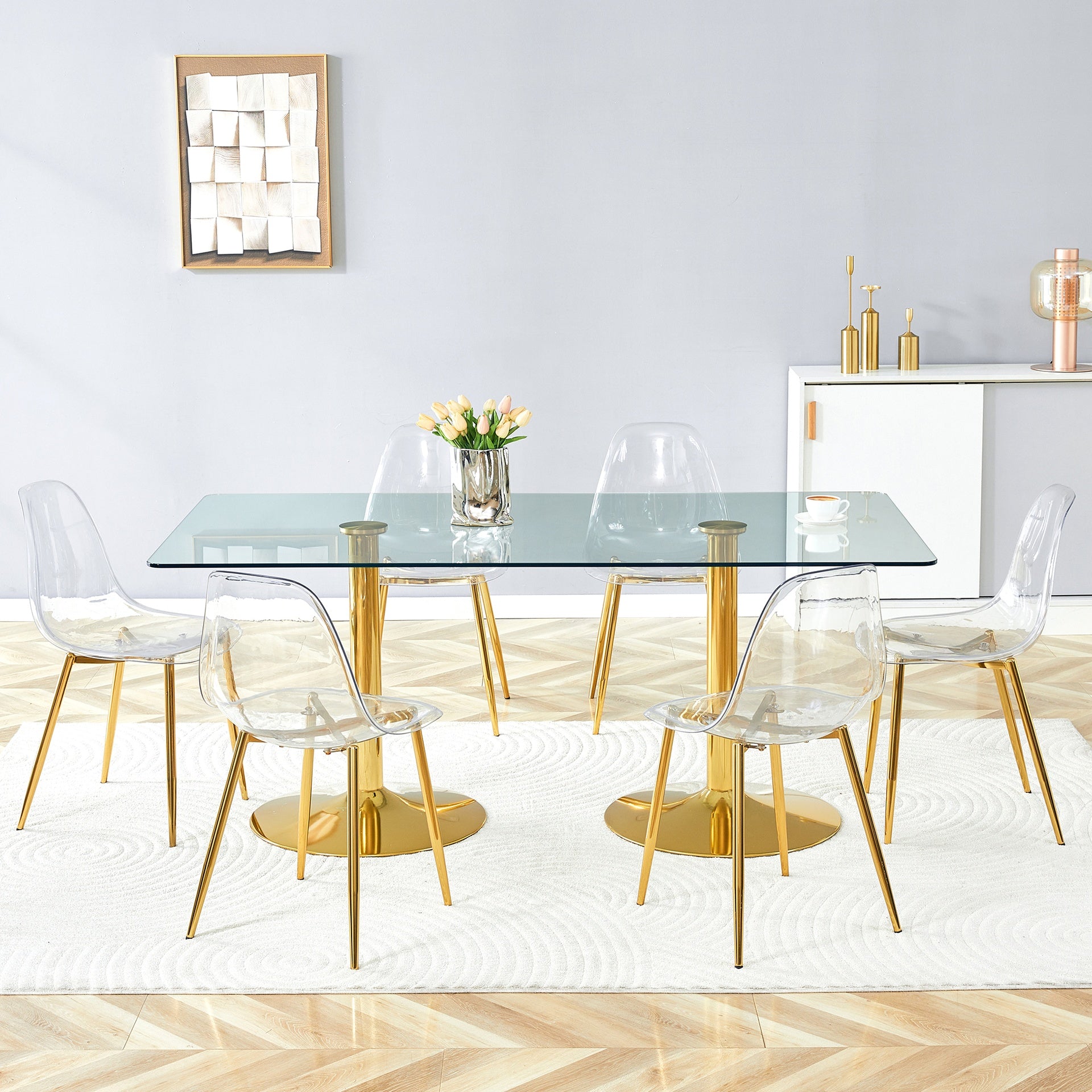 Table and chair set.71 inch x 35.4-inch tempered glass table,Paired with 6 Transparent Plastic Chairs with Golden Metal Legs.Bring a comfortable home experience.