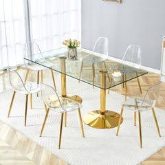 Table and chair set.71 inch x 35.4-inch tempered glass table,Paired with 6 Transparent Plastic Chairs with Golden Metal Legs.Bring a comfortable home experience.