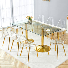 Table and chair set.71 inch x 35.4-inch tempered glass table,Paired with 8 Transparent Plastic Chairs with Golden Metal Legs.Bring a comfortable home experience.