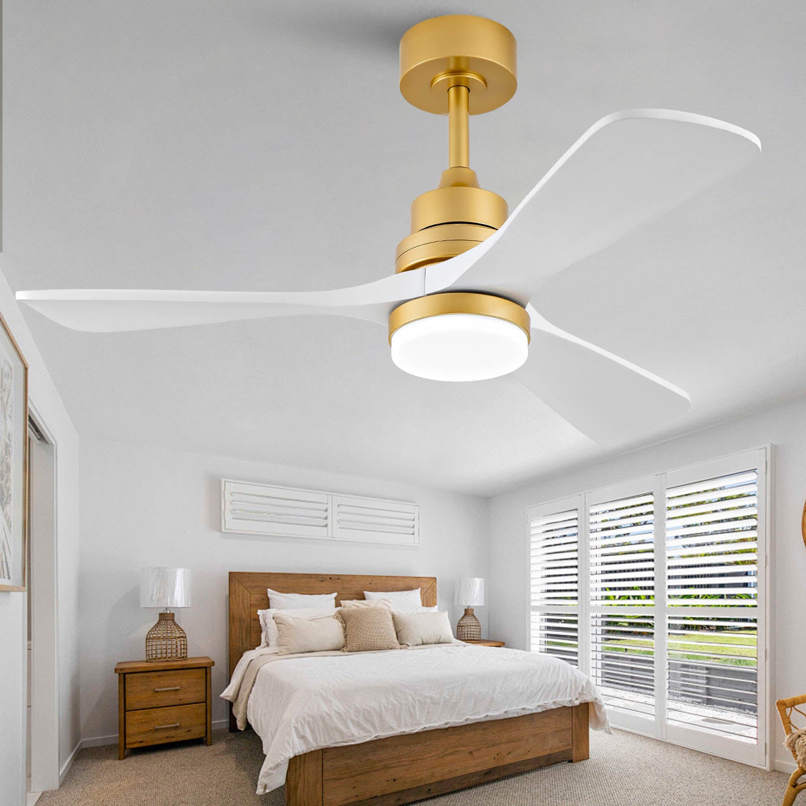 Hot sales 42 Inch Indoor Ceiling Fan With Dimmable LED Light 3 Solid Wood Blades Remote Control Reversible DC Motor