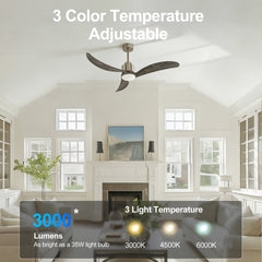 52" Ceiling Fan with LED Light Remote Control,Quiet DC Motor 6 Speed Levels,Adjust Height( 2 PCS Rod) Reversible Ceiling Fan, for Patio Living Room, Bedroom, Office,Indoor.(Nickel +Wood)