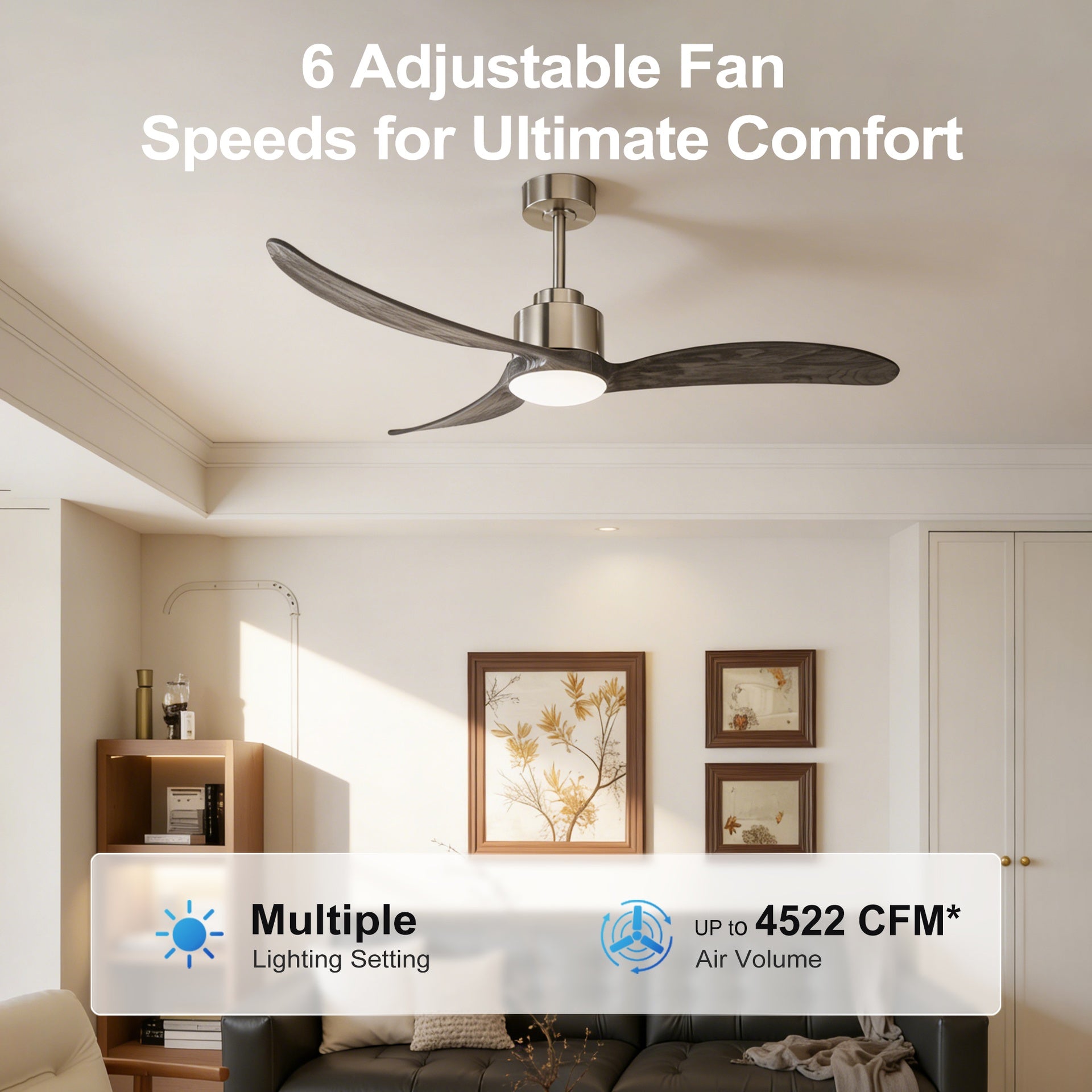 52" Ceiling Fan with LED Light Remote Control,Quiet DC Motor 6 Speed Levels,Adjust Height( 2 PCS Rod) Reversible Ceiling Fan, for Patio Living Room, Bedroom, Office,Indoor.(Nickel +Wood)