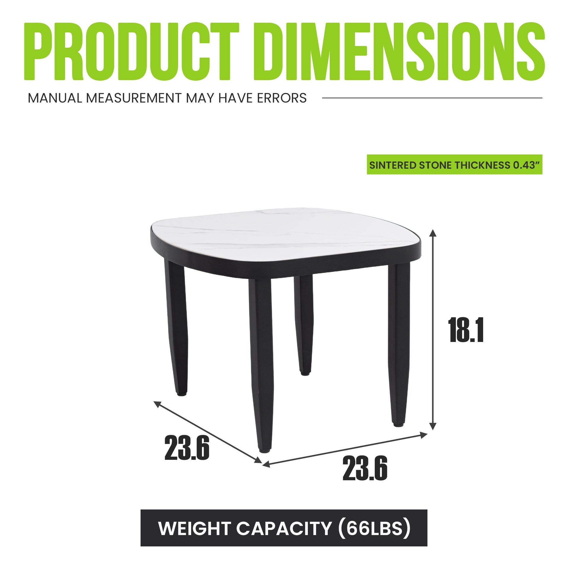 Modern Outdoor Elegance Arc 23.6''Side Table with Greek White Marble-Inspired Sintered Stone Top, Aluminum Frame,Ember Black Finish, Post Tapered Legs & Rounded Corners,Weatherproof & Rust-Free