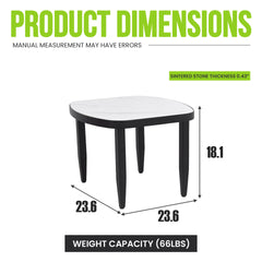 Modern Outdoor Elegance Arc 23.6''Side Table with Greek White Marble-Inspired Sintered Stone Top, Aluminum Frame,Ember Black Finish, Post Tapered Legs & Rounded Corners,Weatherproof & Rust-Free