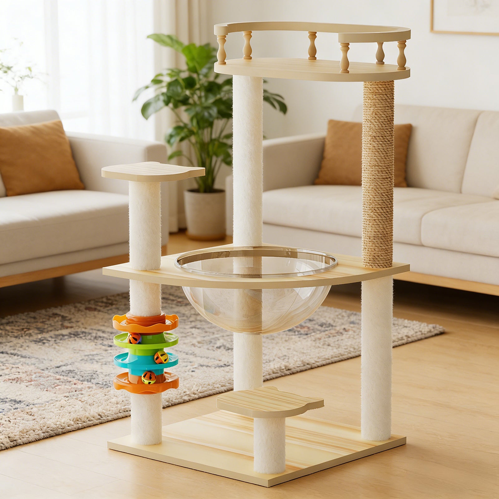 32.2" Modern Cat Tower, Wood Cat Tree Tower for Indoor Cats, Cat Treewith Sisal-Covered Scratching Posts and Top Perch, Cat Condo with Acrylic Hammock and Toys for Small Large Cats