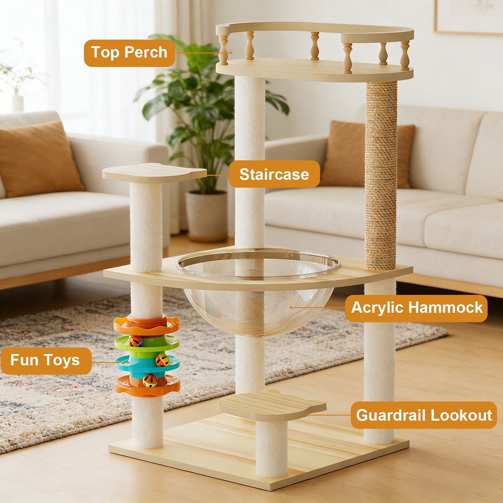 32.2" Modern Cat Tower, Wood Cat Tree Tower for Indoor Cats, Cat Treewith Sisal-Covered Scratching Posts and Top Perch, Cat Condo with Acrylic Hammock and Toys for Small Large Cats