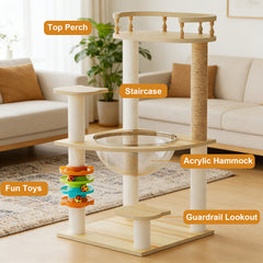 32.2" Modern Cat Tower, Wood Cat Tree Tower for Indoor Cats, Cat Treewith Sisal-Covered Scratching Posts and Top Perch, Cat Condo with Acrylic Hammock and Toys for Small Large Cats