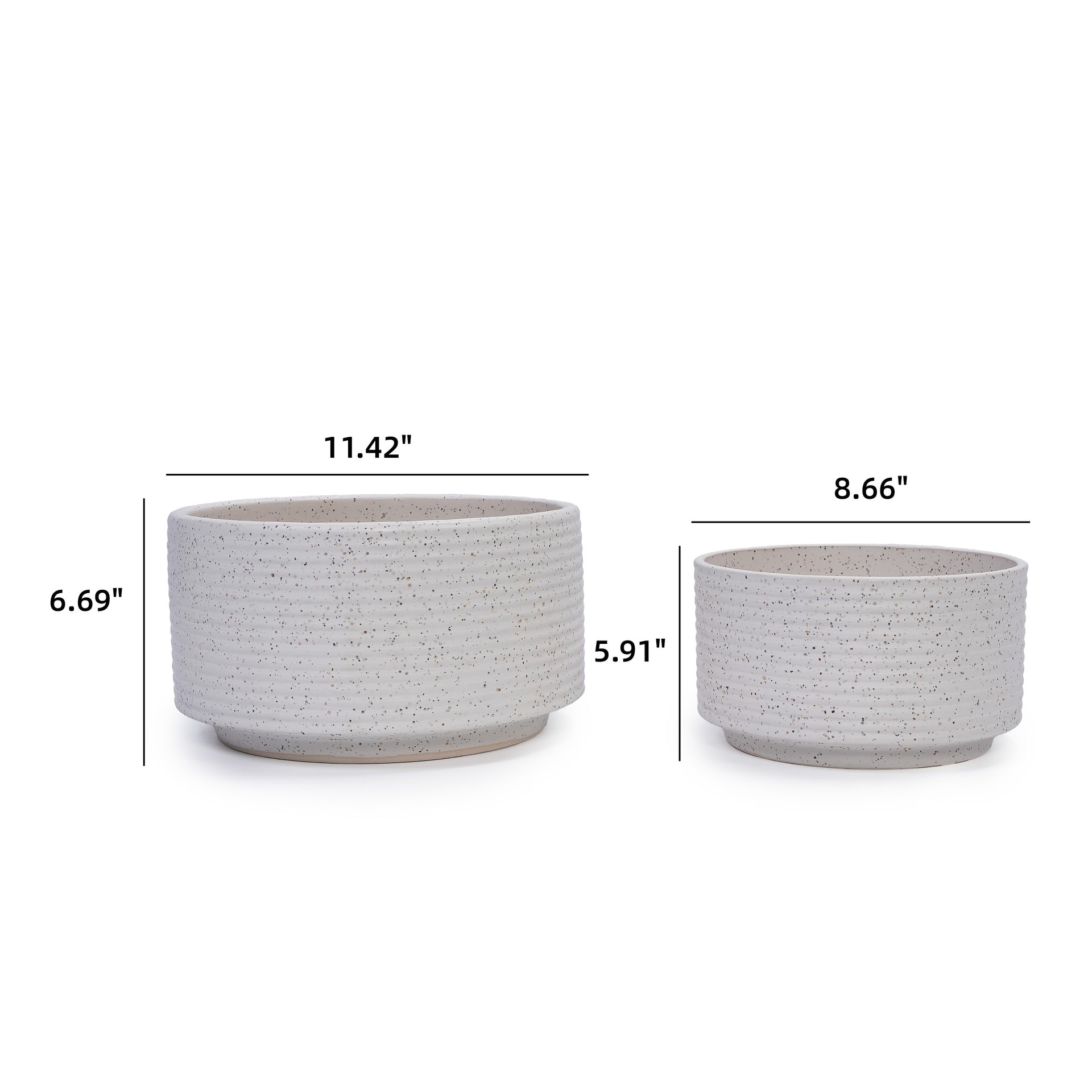 Handmade Ceramic Planter Set of 2, 11" & 8" Diameter, White with Vertical Ridges, for Aquatic Plants Indoor/Outdoor Shelf & Table Use, Breathable Non-Porous Clay