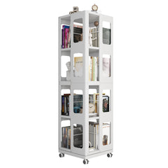 4-Tier All-Steel Rotating Bookshelf with 360° Wheels, Large Size Sturdy & Spacious Book Rack, New Style White Bookshelf,Easy Assembly
