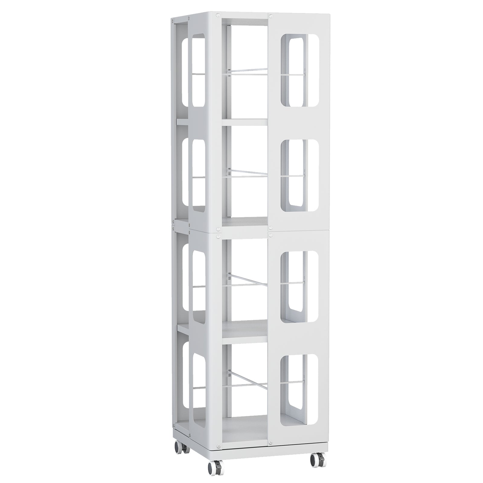 4-Tier All-Steel Rotating Bookshelf with 360° Wheels, Large Size Sturdy & Spacious Book Rack, New Style White Bookshelf,Easy Assembly