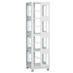4-Tier All-Steel Rotating Bookshelf with 360° Wheels, Large Size Sturdy & Spacious Book Rack, New Style White Bookshelf,Easy Assembly