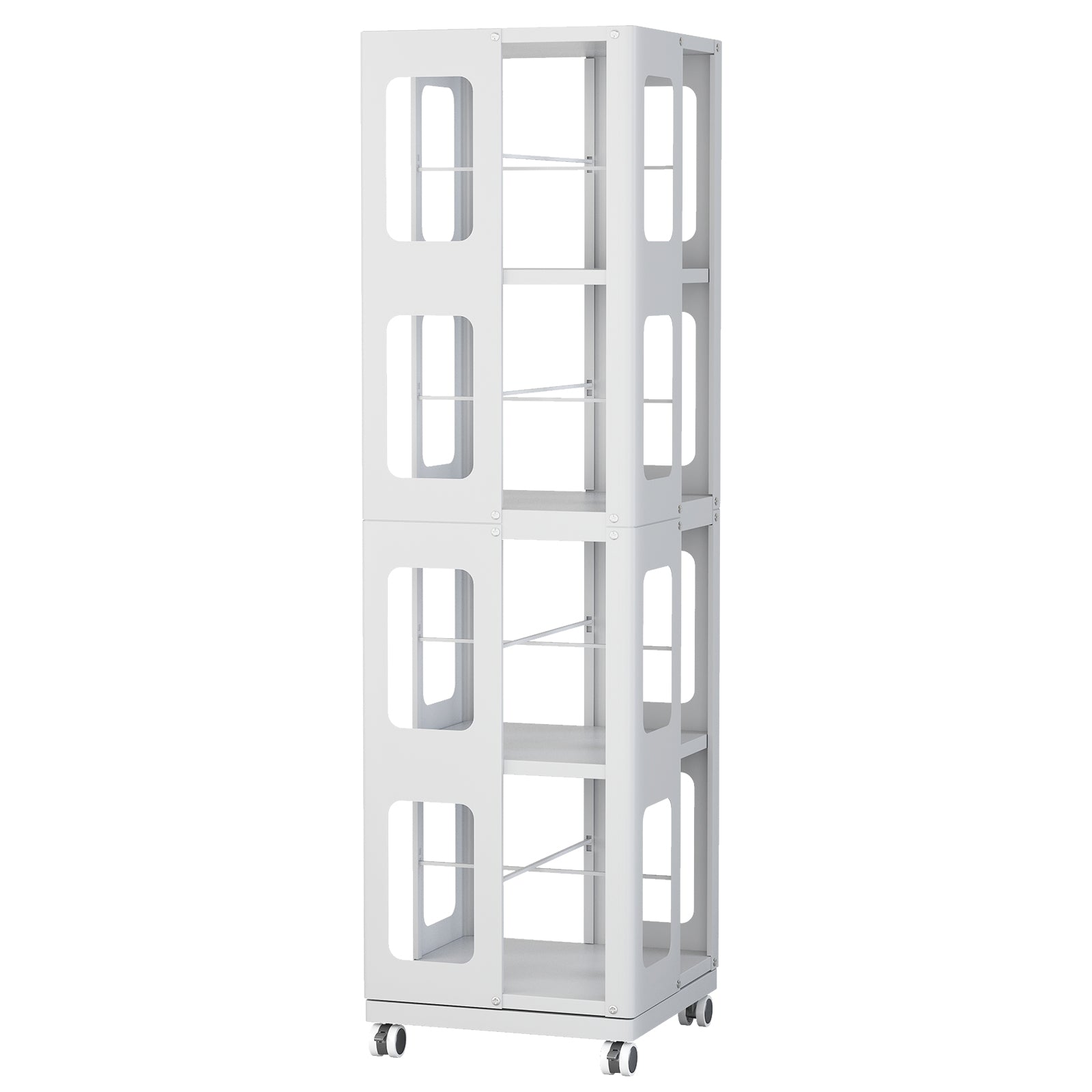 4-Tier All-Steel Rotating Bookshelf with 360° Wheels, Large Size Sturdy & Spacious Book Rack, New Style White Bookshelf,Easy Assembly