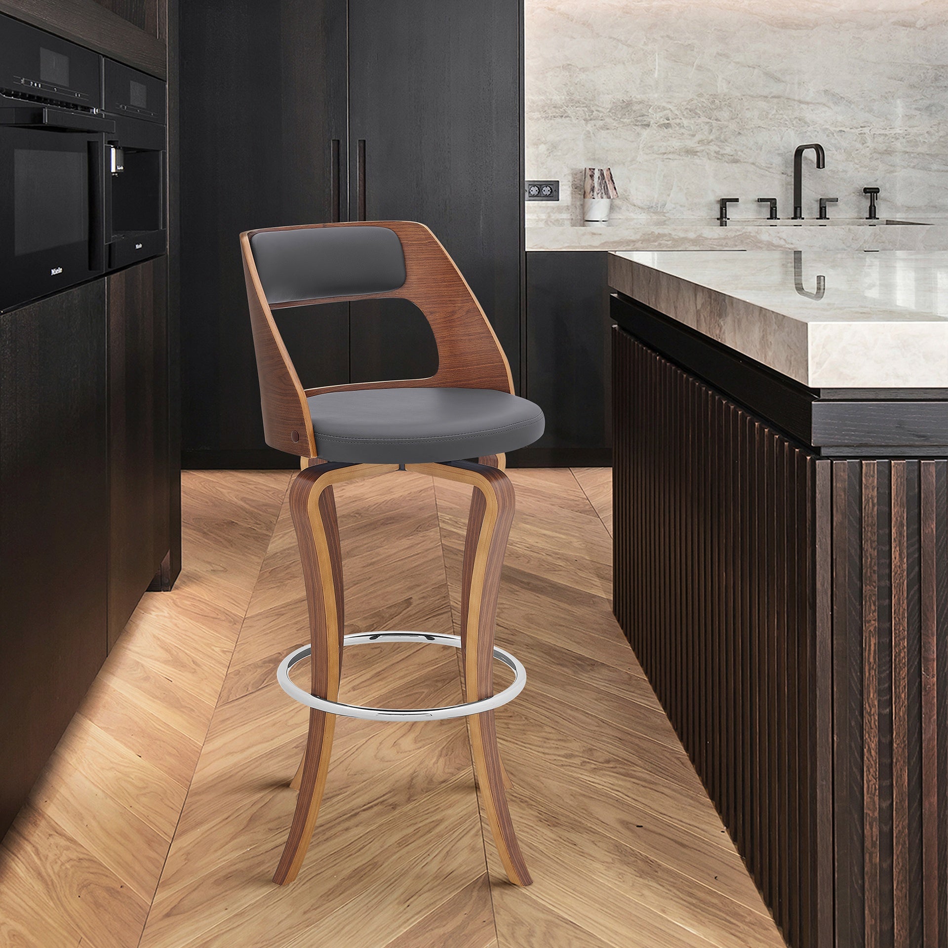 Fiera 29" Swivel Gray Faux Leather and Walnut Wood Bar Stool