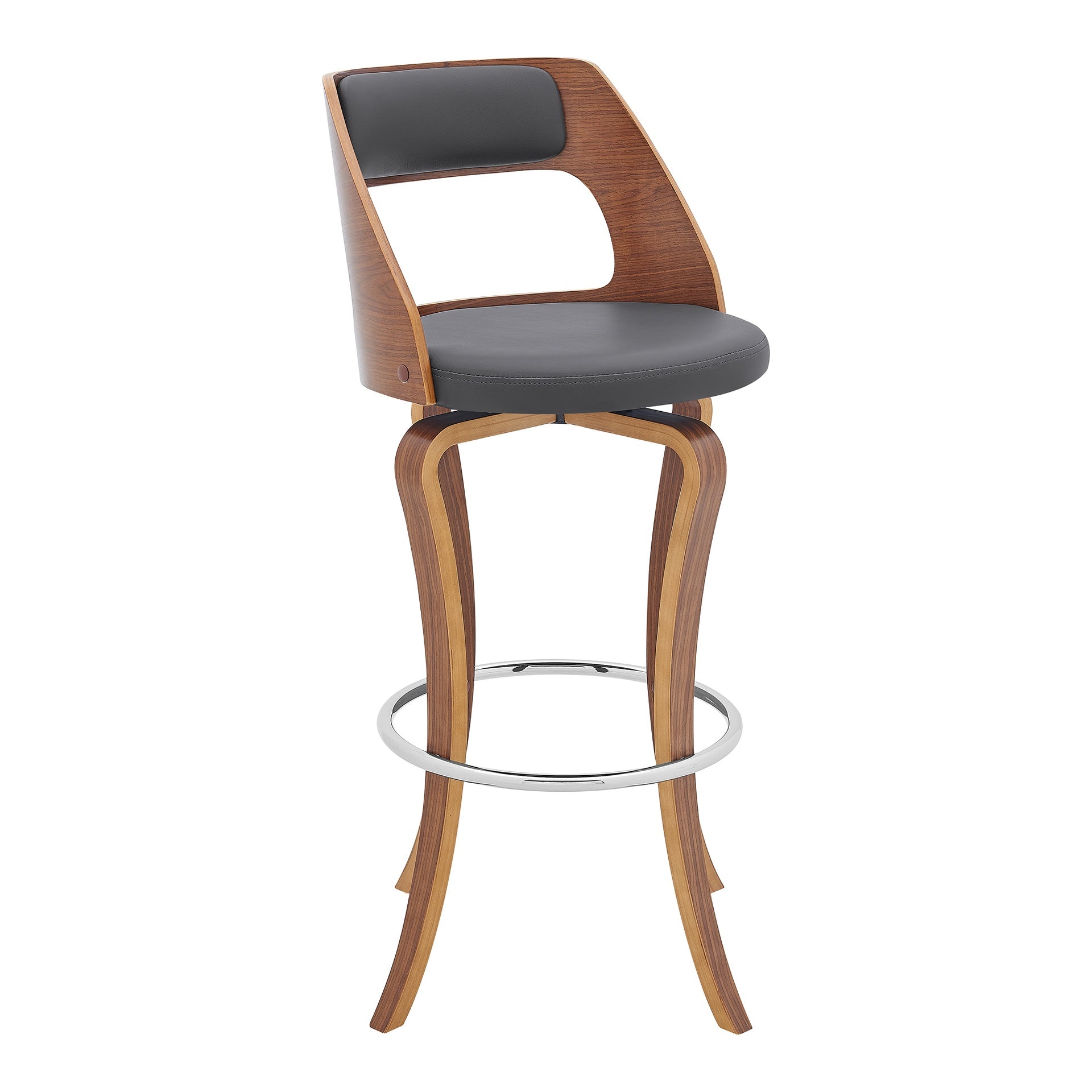 Fiera 29" Swivel Gray Faux Leather and Walnut Wood Bar Stool
