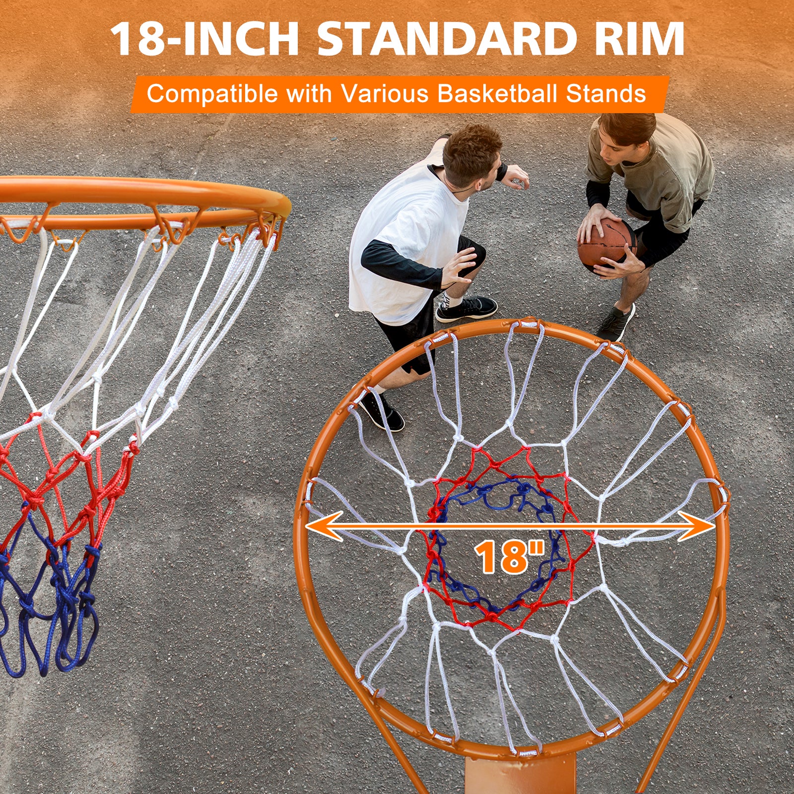 Basketball Rim Replacement Standard 18" Steel Rim Wall Mounted Basketball Goal Hoop with Net for Indoor Outdoor Orange
