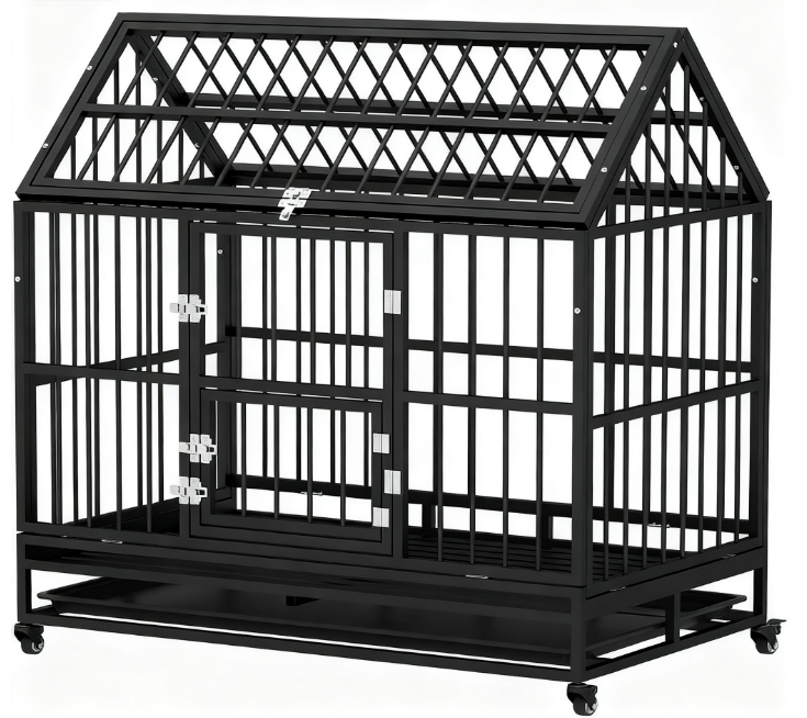 Heavy Duty Dog Crate with 4 Lockable Wheels, Double Doors, and Removable Tray,  Black