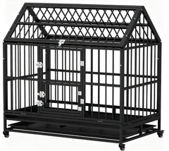 Heavy Duty Dog Crate with 4 Lockable Wheels, Double Doors, and Removable Tray,  Black